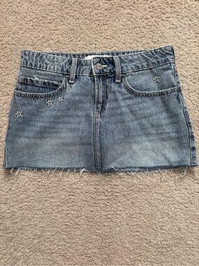 Hollister Light Blue Denim Mini Skirt with Star Embroidery and built in shorts